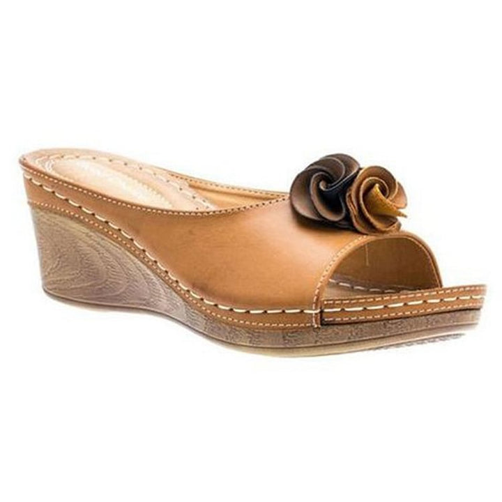 Chic Orthopaedic Leather Sandals with Stylish Floral Accents and Cozy Wedge Heel