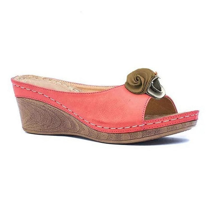 Chic Orthopaedic Leather Sandals with Stylish Floral Accents and Cozy Wedge Heel